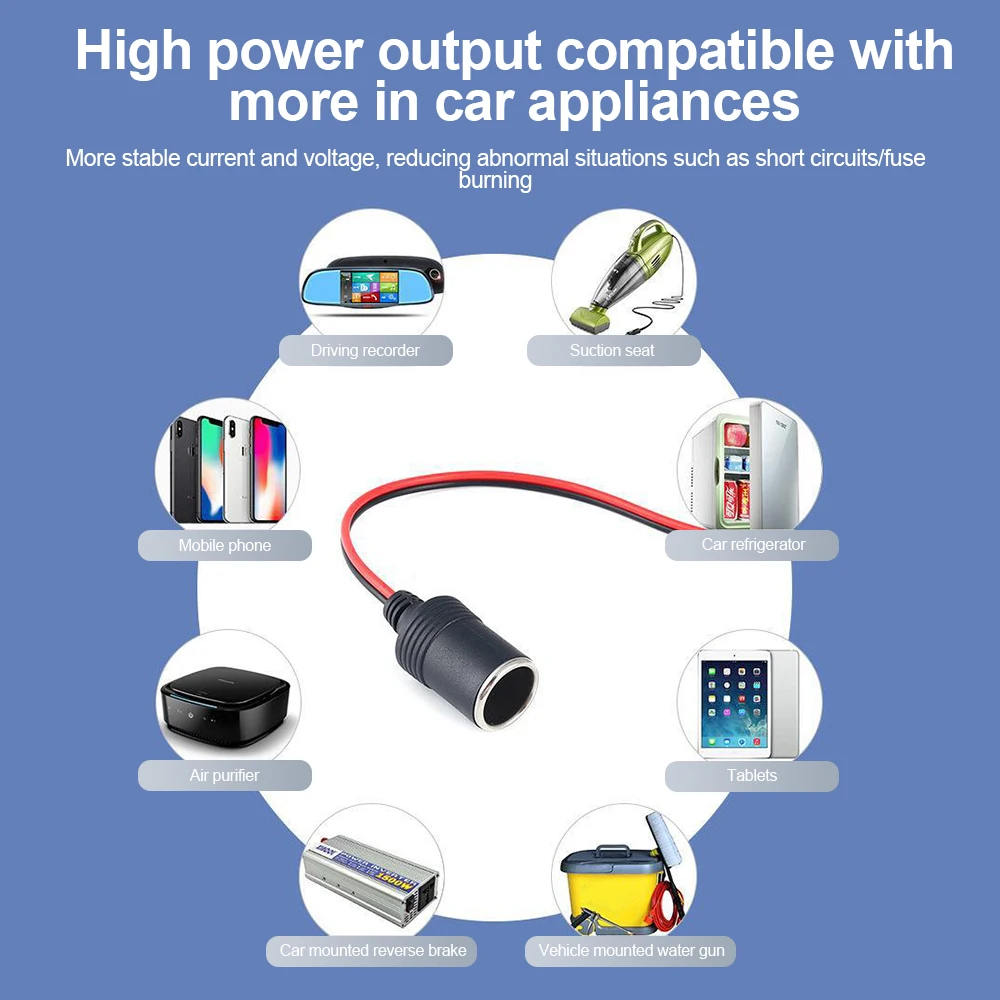 12V Universal Car Cigarette Lighter Charger with 30cm cable 10A/15A/20A Female Socket Plug Connector Adapter