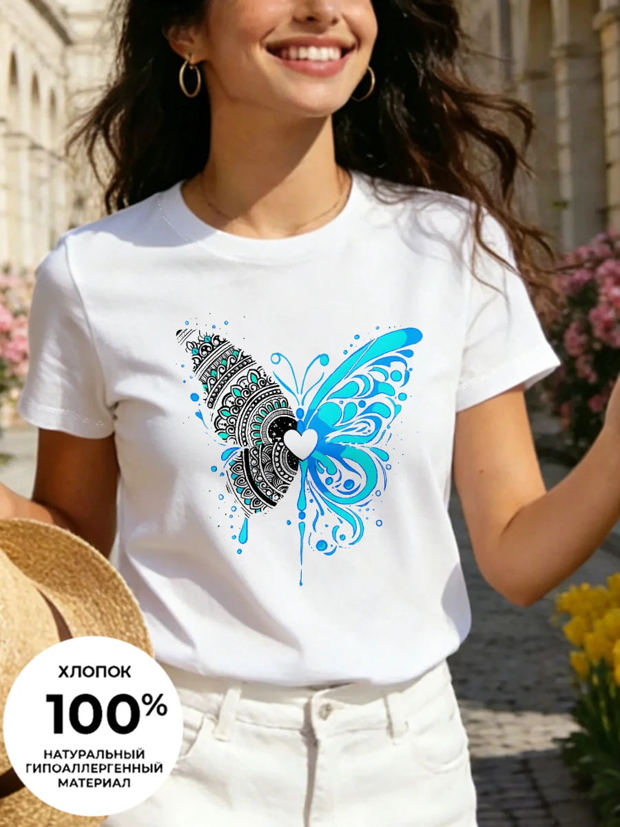 Gefüttertes Damen-T-Shirt mit Schmetterlingsdruck, Rundhals-Kurzarm-T-Shirt, T-Shirt aus reiner Baumwolle, lässig und bequem