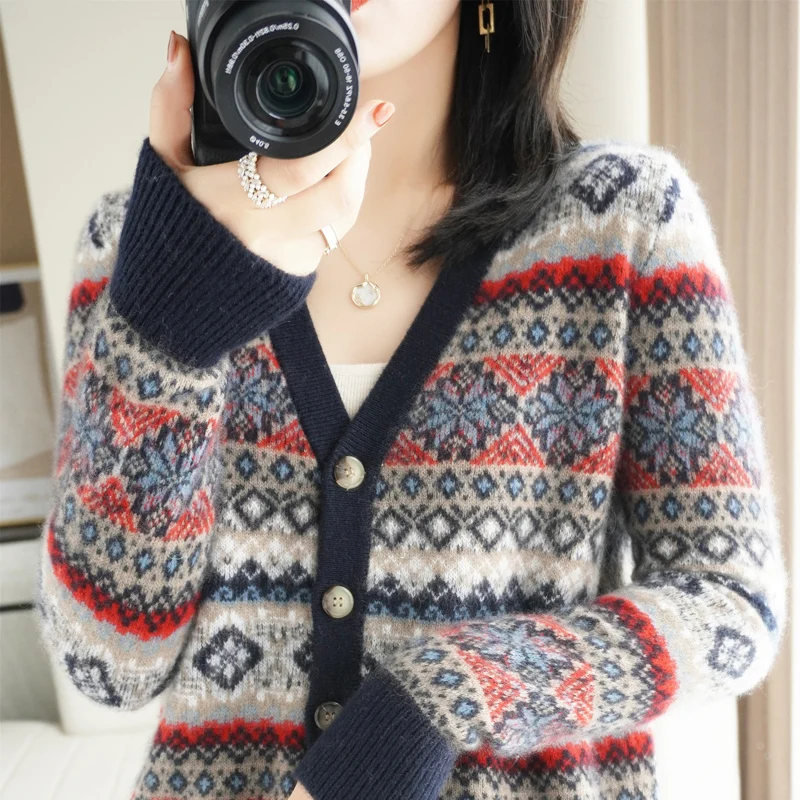 에스닉 스타일 순수 울 니트 가디건, 여성용 가을/겨울, v넥, 넉넉한 복고풍 스웨터, 넉넉한 두꺼운 프린트 캐주얼 상의