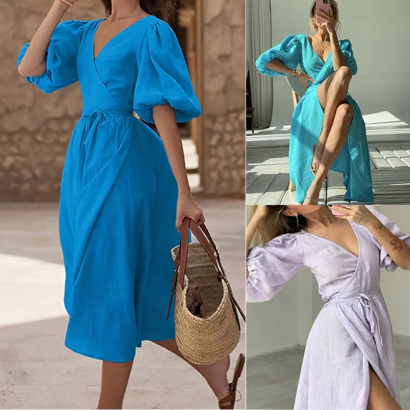 Sommer Frauen Korsett Urlaub Kleid Elegante Chic Puff Kurzarm V-ausschnitt Urlaub Partei Langes Kleid Streetwear Geburtstag Kleid