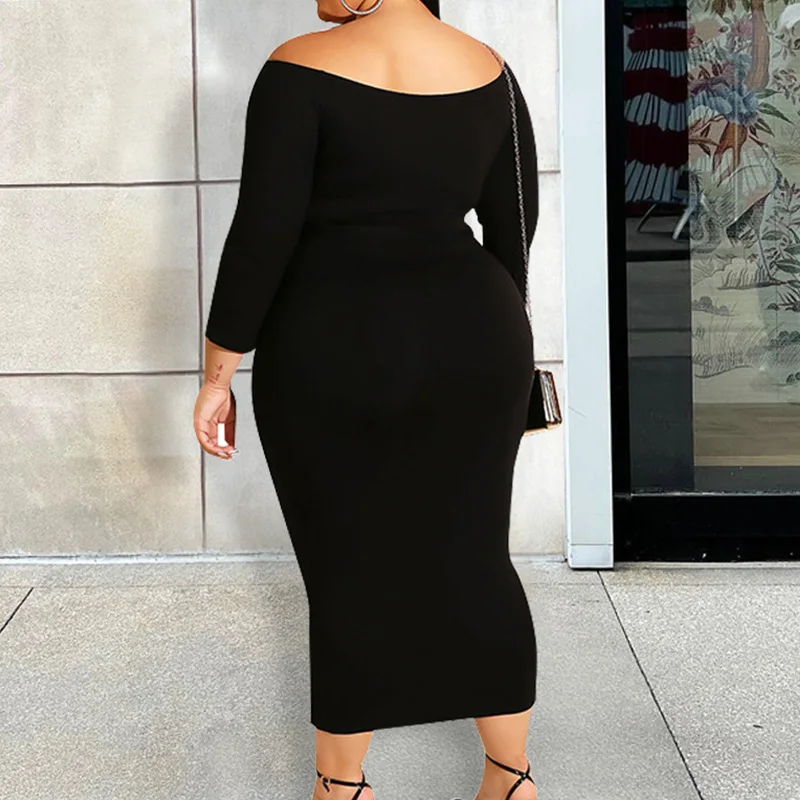 Casual Crown Graphic Print Sexy One Word Collar Bandage Three Quarter Sleeve Off Shoulder Midi Bag Hip Plus Size Lady Dresses