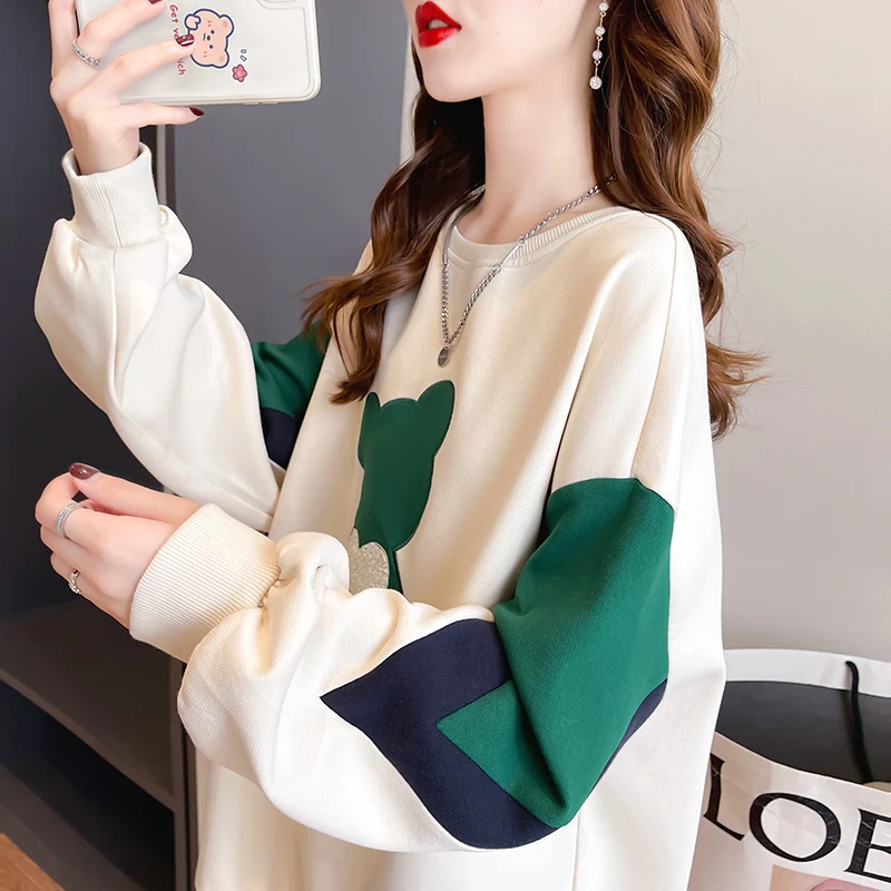 Women\'s Thin Oversized Sweatshirts Casual O-neck Loose Pullover Harajuku Girls Cute Bear Appliques Off-shoulder Tops