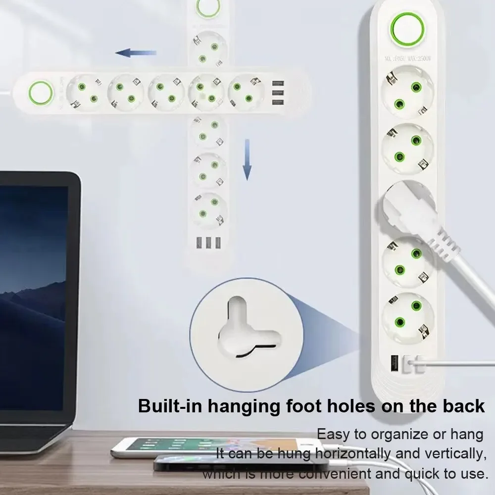 2500W EU plug power strip 2m extension cord electrical socket network filter with USB ports fast charging