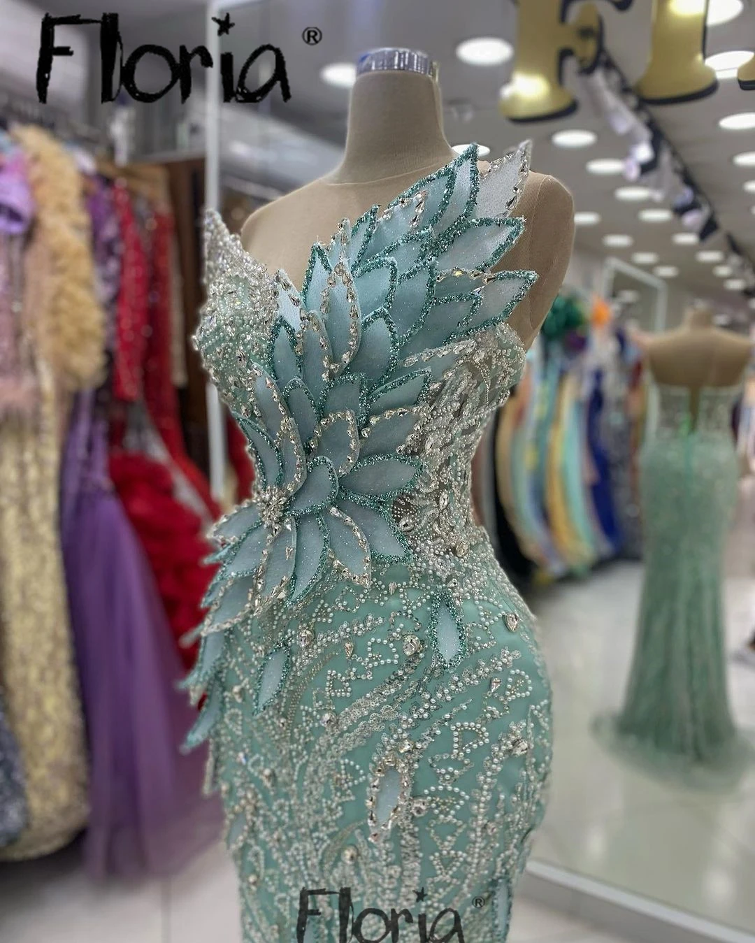 

Floria Mint Green 3D Flowers Party Dress Glitter Leaf Shaped Wedding Guest Prom Gowns Arabic Women Mermaid Cocktail Dress Beaded