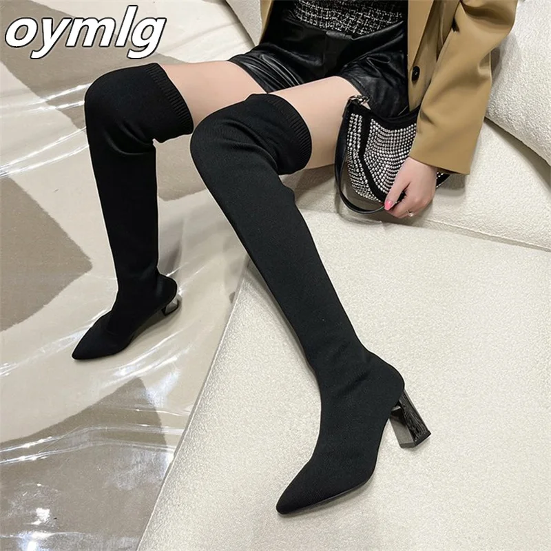Knee Over Knitted Boots 2022 Spring and Autumn New Thick Heel High Heel Pointed Sexy Elastic Boots