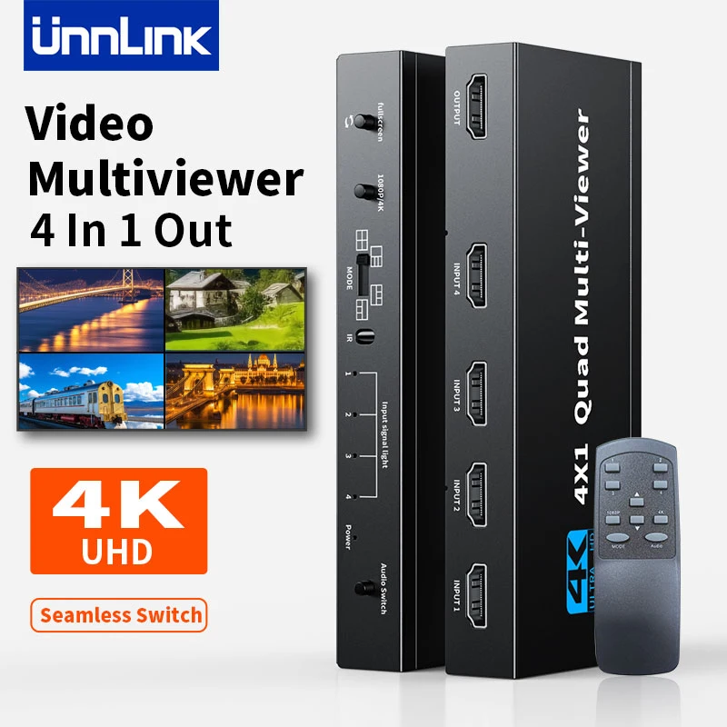 Unnlink 4K HDMI Quad Multiviewer 4x1 Seamless Switch 4 In 1 Out with Remoter for Camera PC to TV Monitor USB Synchronous Control