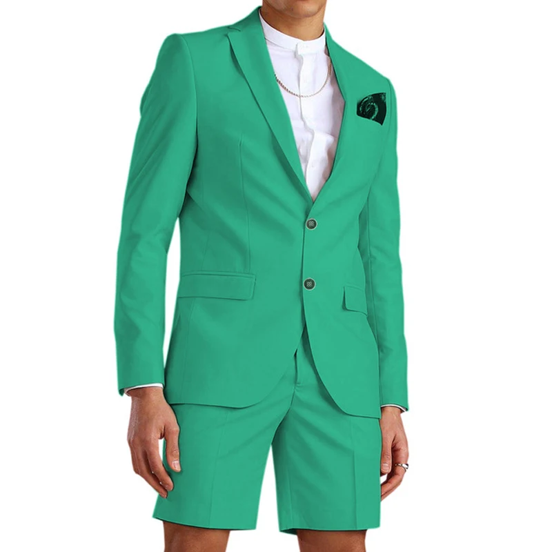Casual Summer Light Blue Men Suit With Short Pants 2 Piece Groom Beach Tuxedos For Wedding Male Fashion Blazer