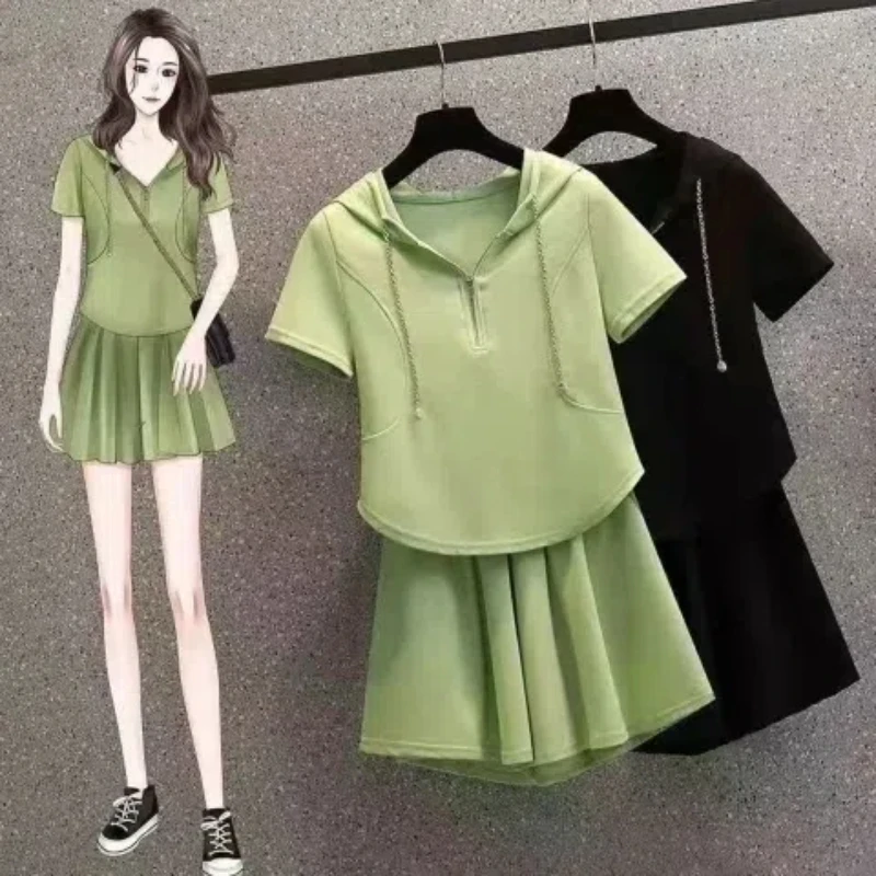 Summer New Sports Suit Hooded Loose Skirt Pants Casual Age Reducing Two-piece Set