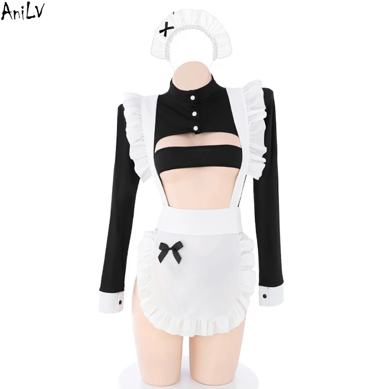 AniLV Anime Girl Coffee Maid House Uniform Clothes Cosplay Women Waiter Bodysuit Apron Outfits Costumes women cosplay costume
