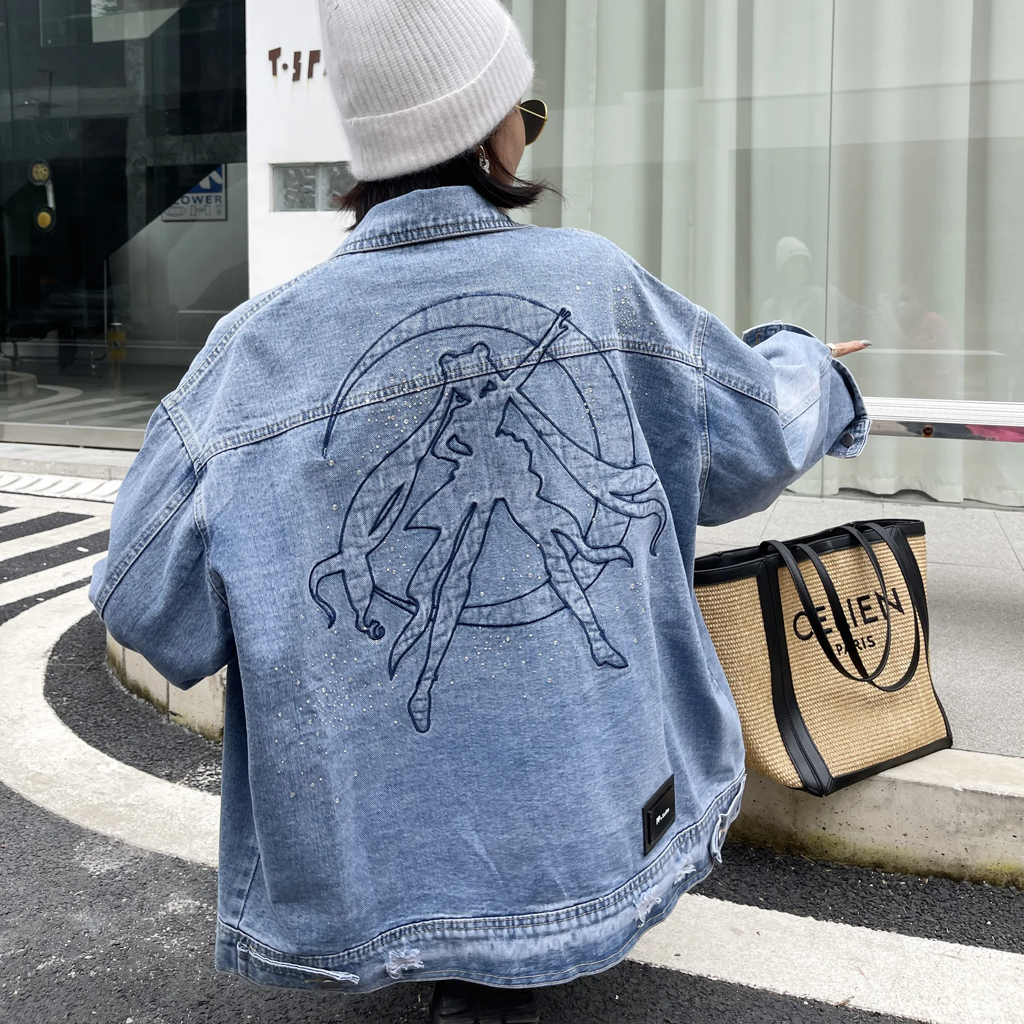 

Vintage Denim Jacket Women Loose Jean Coat Short Tops Lady Diamonds Outerwear Spring Autumn Street Windbreaker Jacket Coats