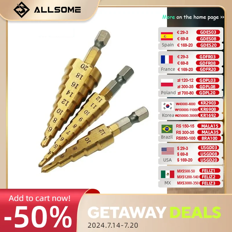 ALLSOME ступенчатое сверло 3-12 мм 4-12 мм 4-20 мм HSS прямой паз с титановым покрытием резец для дерева и металла сверлильный набор электроинструментов