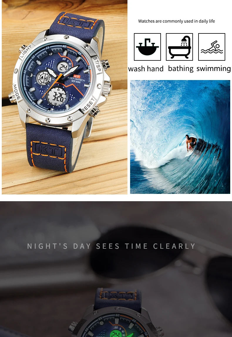 2022 KAT-WACH Fashion Chronograph Leather Sport Wristwatches Men Military Date Electronic Timing Men's Watches Relogio Masculino