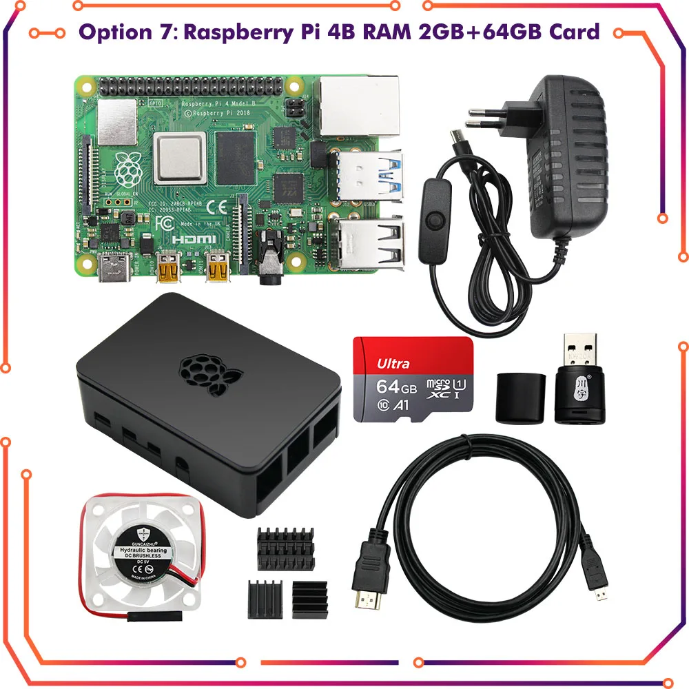 Raspberry Pi 4 8GB 4GB 2GB Kit + Adaptador de Alimentação + Caixa ABS + Cartão 32G 64G + Leitor + Dissipador de Calor para Raspberry Pi 4 Modelo B