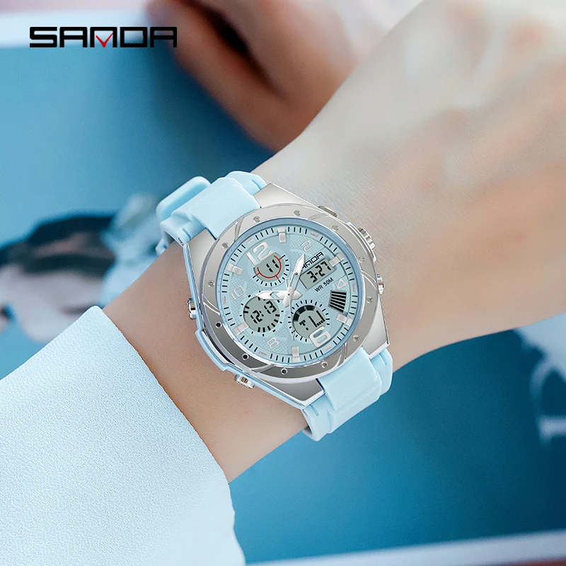SANDA Top Brand New Lady Luxury Ms LED Digital Sport Watch Leisure Fashion Quartz Watch Women Girl Military 50M Waterproof Watch 6