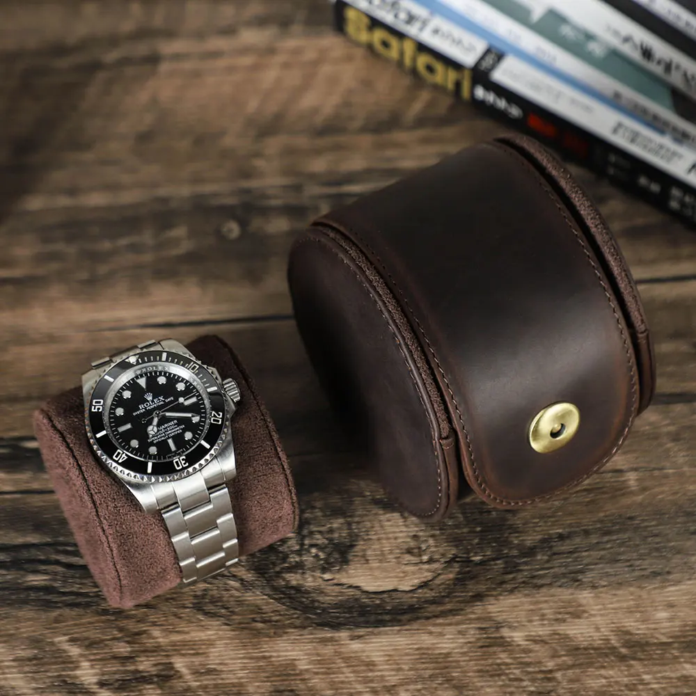 Retro Handmade 100% Genuine Leather Single Slot Watch Case Travel Portable Storage and Display Box with Removable Pillow