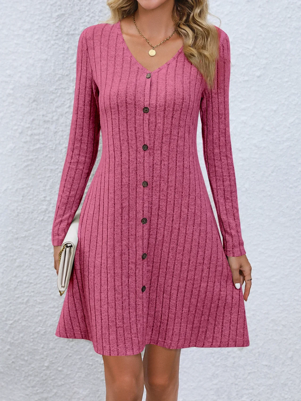 

Autumn and Winter Elegant Fashion New Gentle Chic Dress Women Vintage Solid Color V Neck Long Sleeve Button Midi Knitted Robes