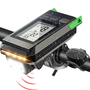 USB 충전식 자전거 헤드라이트, LCD 디스플레이 속도계 및 경적 포함, 자전거 컴퓨터, 야외 사이클링 C용 블랙 바이크 라이트