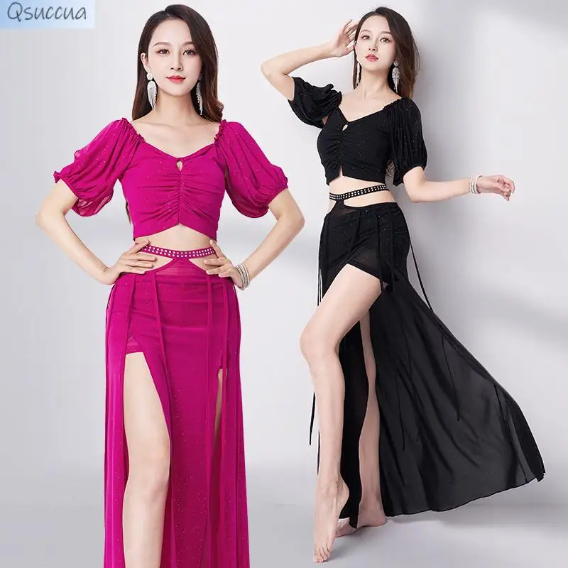 

Belly Dancer Costume Women Dance Training Clothes Sexy Printing Screen Gauze Performance Suit Girl's Bellydance Clothing Outfit