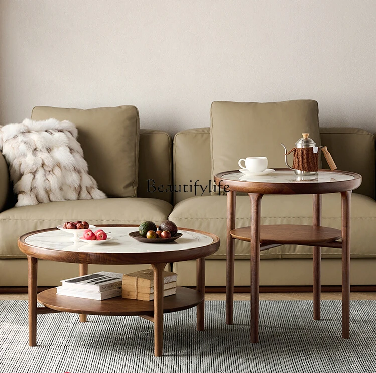 

Nordic Solid Wood Stone Plate Coffee Table New Light Luxury Black Walnut round Small Tea Table