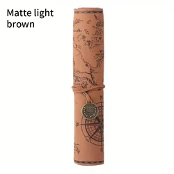 Creative Treasure Map Retro Leather Pencil Case - Large Capacity with Embossed Buckle (Matte Light Brown)