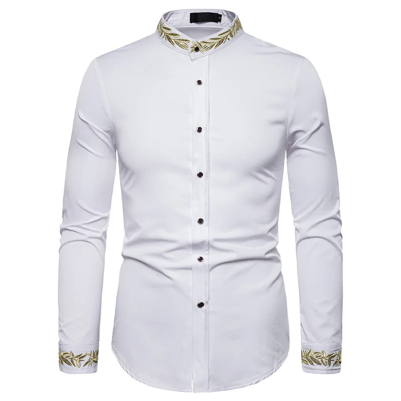 Embroidery Shirt Men Long Sleeve Dress Shirts Stand Collar Casual Button Down Vintage Chemise Homme Camisetas Hombre long sleeve shirt men casual shirt