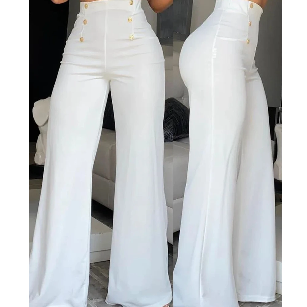 

Wepbel Women Pants Double-Breasted High Waist Commuter Wide-Leg Pants Trousers Solid Color Bodycon Pants Wide Leg Bootcut Pants