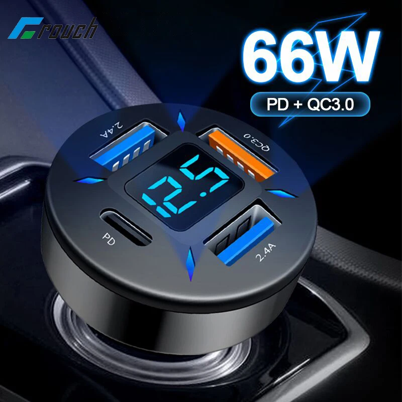 Chargeur de voiture 4 Ports USB 66W PD Quick Charge 3.0, adaptateur pour téléphone iPhone 13 12 Xiaomi Samsung