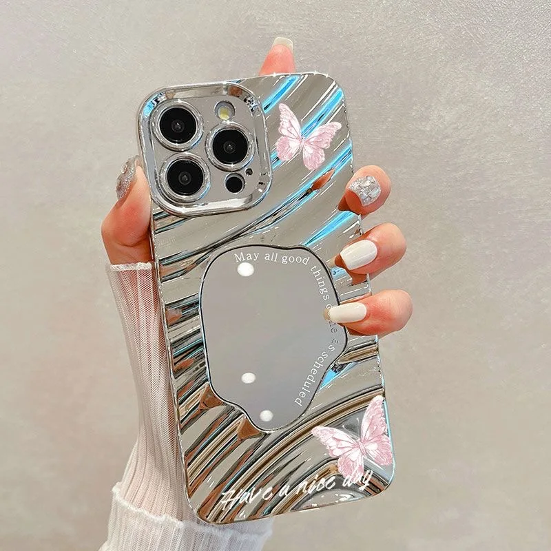 Electroplated Mirror Pink Butterfly Phone Case For iPhone 16 13 11 12 14 15 Pro Max Luxury Plating Wavy Shockproof Makeup Cover