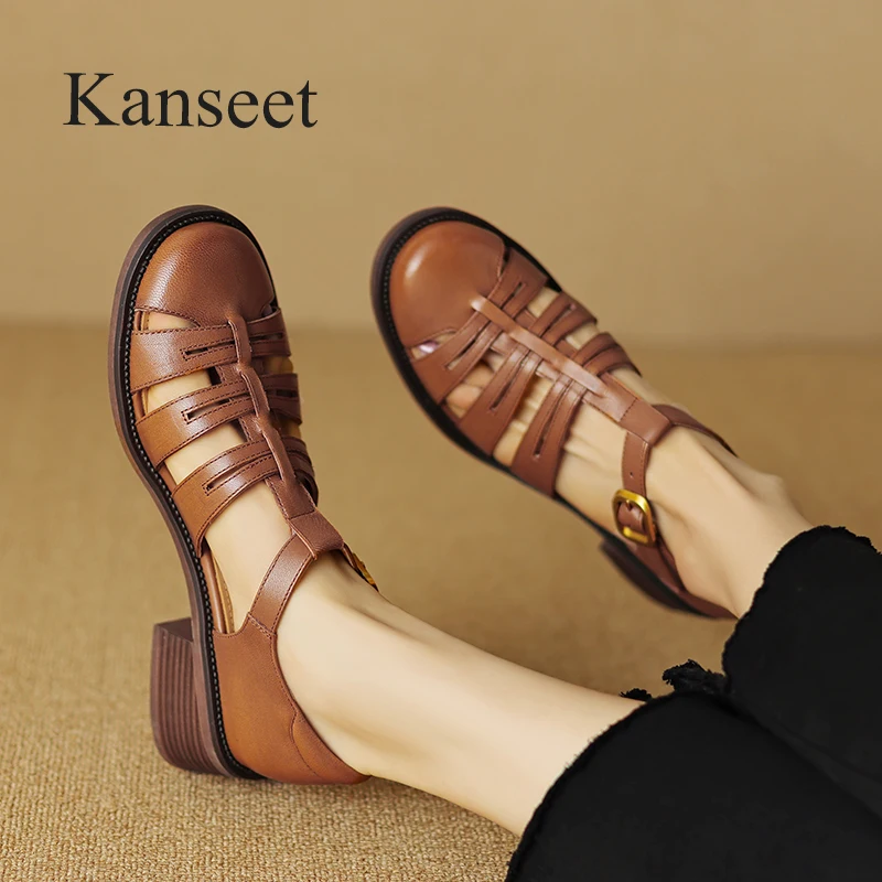

Kanseet Real Leather Sandals Women Shoes Summer New Rome Style Round Toe Casual Buckle Strap Handmade Lady Mid Heels Sandal 2023