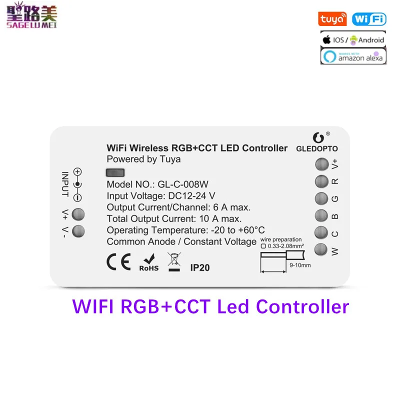 

GL-C-008W WIFI Wireless 6A/10A RGB+CCT Led Controller DC12-24V Smart Home Compatible with Tuya APP Alexa Amazon Voice Control