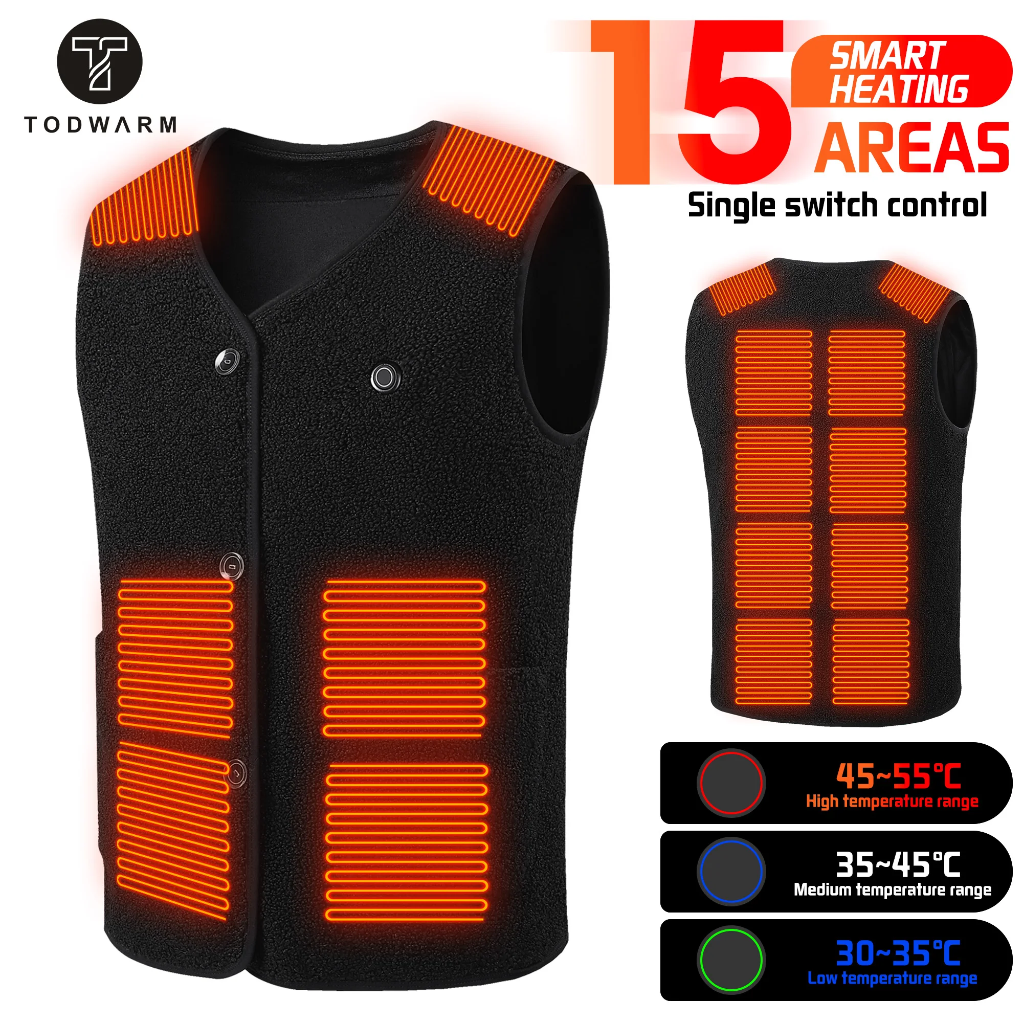 TODWARM Electric Heated Vest 15 Heating Areas Intelligent Heating Jackets Windproof Washable USB Charging Winter Sports Hiking