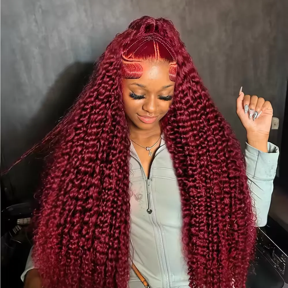 250 Density 30 Inch 13x4 99J Burgundy Deep Wave Lace Frontal Wig Curly Lace Front HD Frontal Human Hair Wigs For Womem