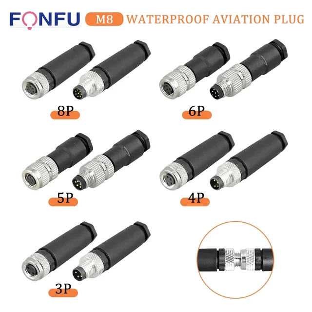 5/10PCS M8 3/4/5/6/8Pins Sensor Connector Non-Welding Waterproof  IP68 Straight Male&Female Plug Screw Threaded Coupling 3 4 Pin 1