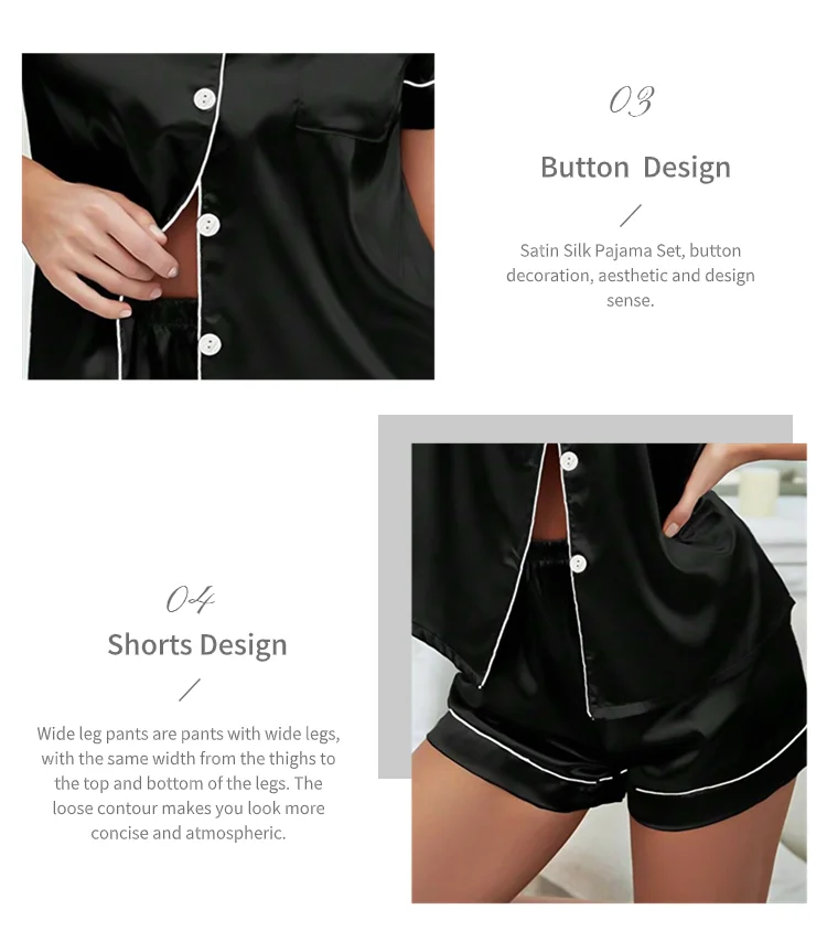 Sommer-Pyjama-Set aus Seidensatin für Damen, Oberteil und Shorts mit Knopfleiste, 2-teilig, Nachtwäsche, gekerbter Kragen, Nachtwäsche, Loungewear für Damen – Detail 37