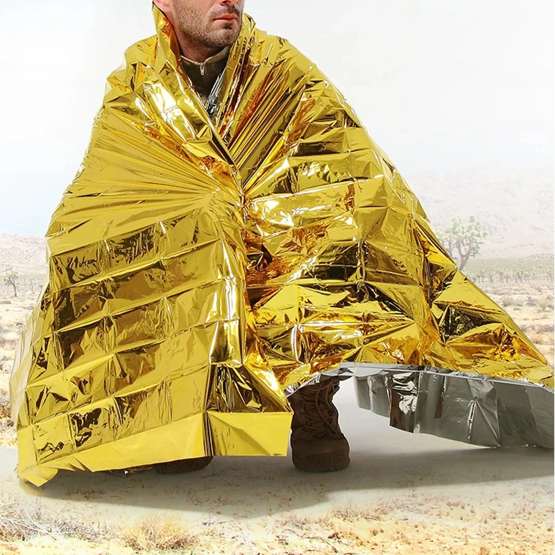Couverture Poncho thermique d'urgence, légère, résistante à l'eau, pare-soleil coupe-vent, tapis de premiers secours réutilisable pour le Camping