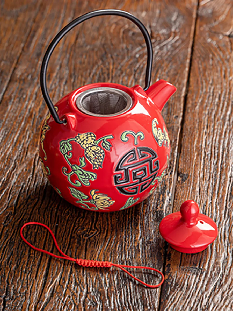 Chinese Red Ceramic Tea Set, Home Teapot, Porcelain Kung Fu Kettle, Creative Teaware, Wedding Souvenir, Gift Supplies, Wedding