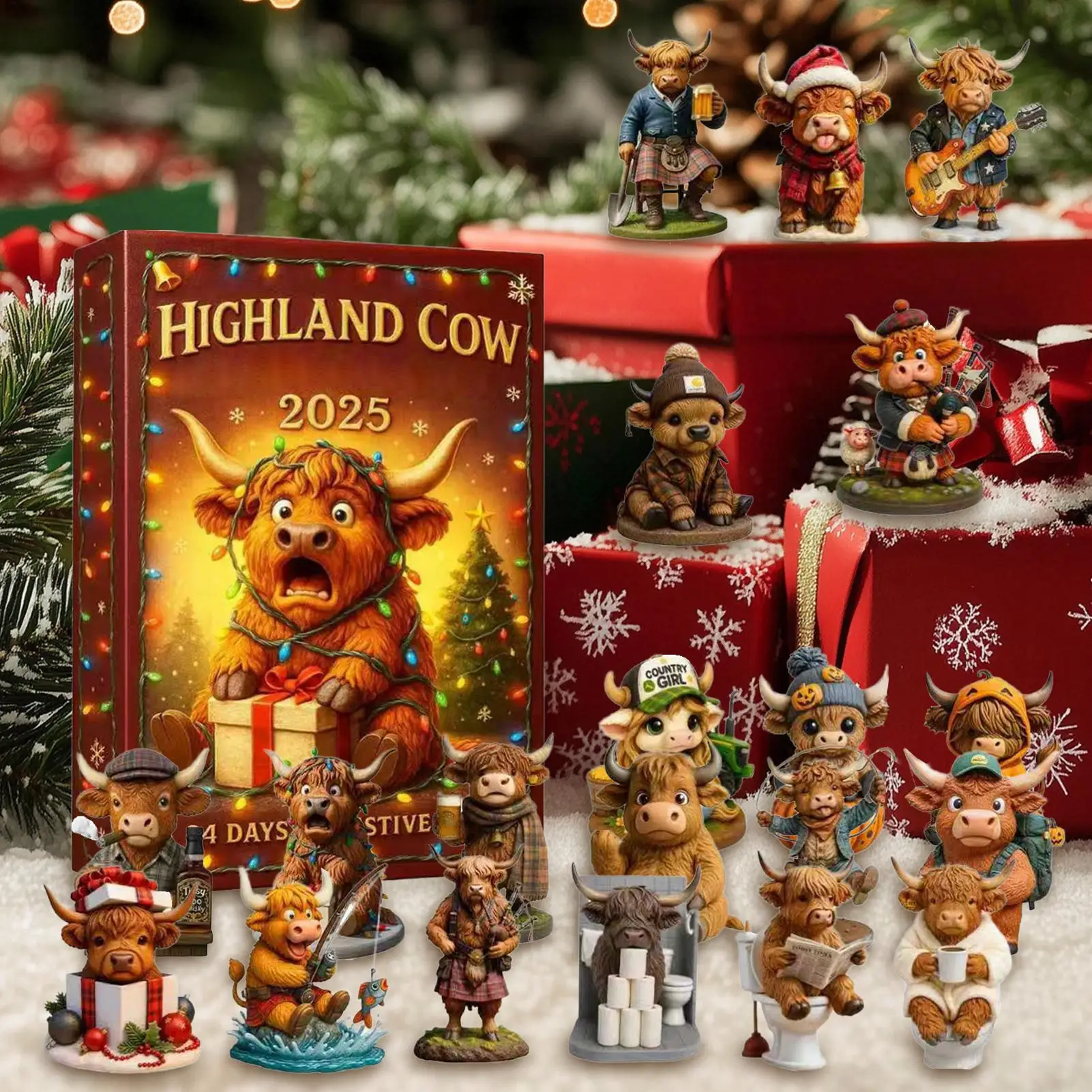 Cow Advent 3D Figures Pendants Countdown 24 Pieces High Cow Ornaments for Christmas Tree for Home Living Room Bookshelf Display
