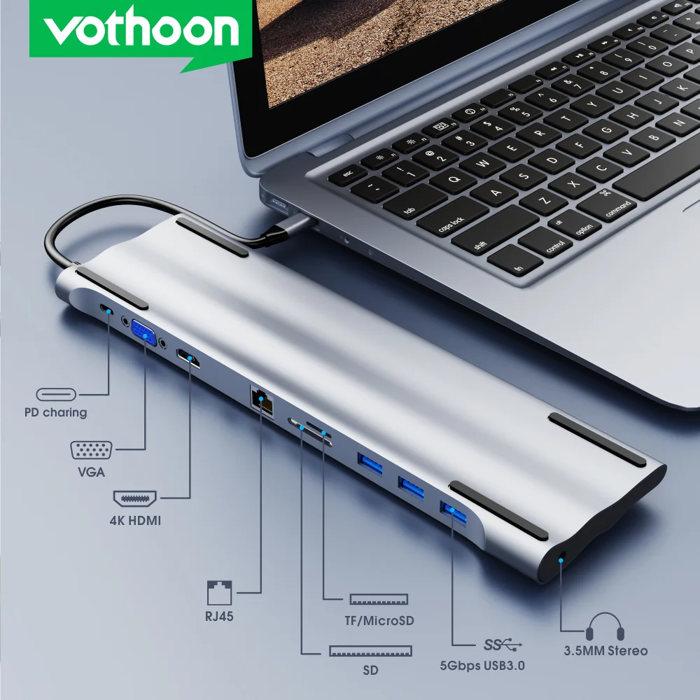 

Vothoon 12 in 1 Type C USB Hub 3.0 to Gigabit Ethernet With 100W PD Charging Docking Station for MacBook Dell XPS USB C Hub