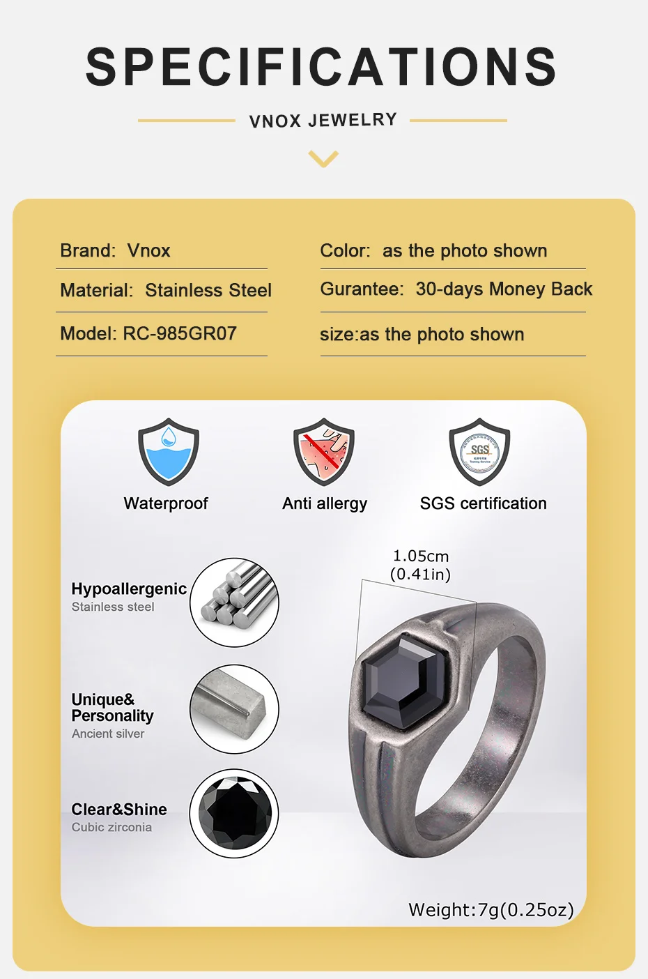 Vnox Sechseckiger schwarzer Zirkonring für Herren, geometrisches Band aus grauem Edelstahl, Punk-Statement-Ringe, Schmuck für Hochzeit, Party, Geschenk – Detail 5