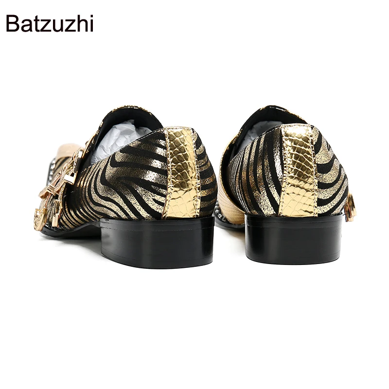 Batzuzhi Men's Shoes Pointed Iron Toe Handmade Men Dress Shoes Leather Blue/Gold Business, Party and Wedding Shoes for Men,38-47