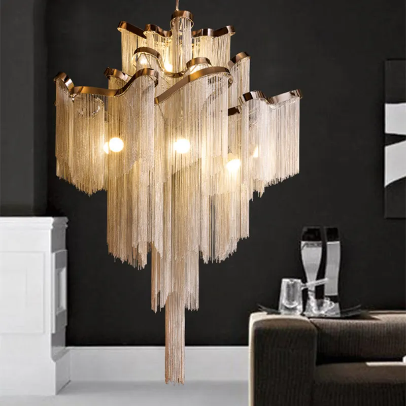 

Aluminium Chain Chandelier Fringed Pendant Lamp Luxury Stair Silver Gold Ceiling Light for Home Hotel Decoration Hanging Lamp