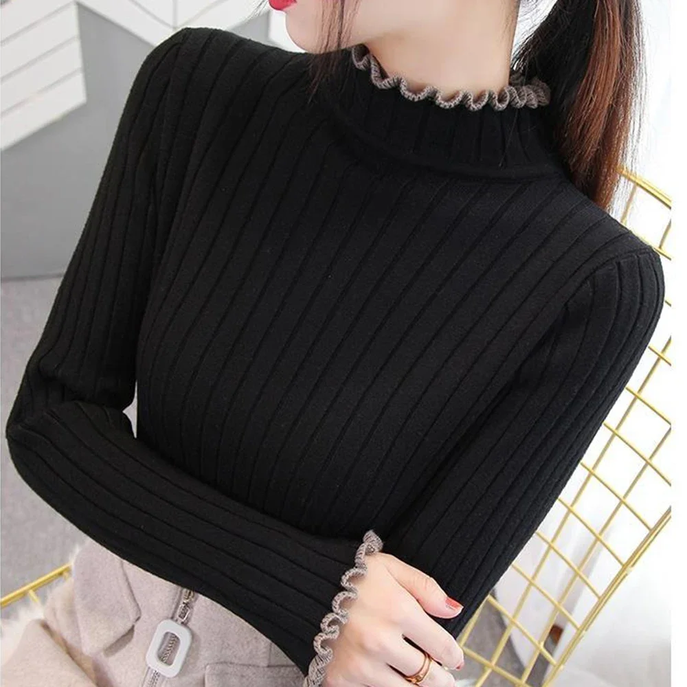 

Ruffled Pullover Women Long Sleeved Tees Female Bottoming Blouses S-XL Slim Ladies Basic Sweater Comfortable Tops A RAN A YUE