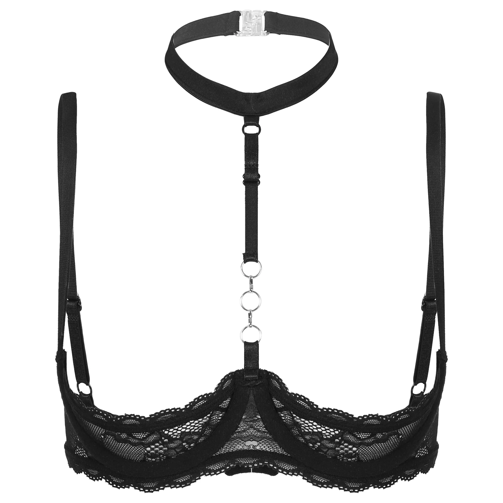 

Women's 1/4 Cups Underwire Bra Halter Neck O Ring Sheer Lace Push Up Brassiere Lingerie Underwear Sexy Open Chest Hot Bra Tops