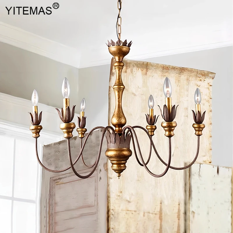 

Vintage Gold Wooden Chandelier Rustic Metal Dining Room Lamp Retro Wood Hanging Bedroom Chandeliers 6 Lights Unique Design