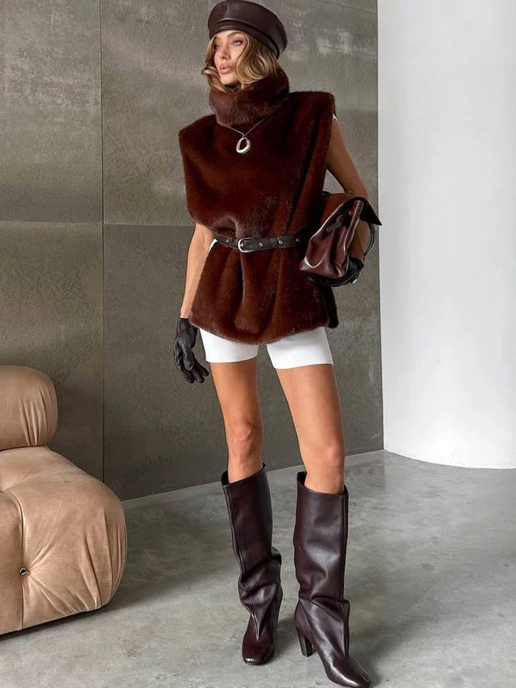 Nibber Furry Vest Women High Neck Side Slit Warm Comfortable Christmas Party High Street Winter Trend Sexy Midnight Long Tops