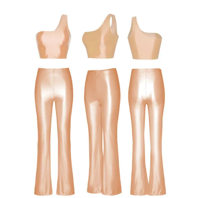 Women Sexy Oil Shiny Glossy Jumpsuit Bodysuit Stretch Spandex Top Flared Pants One-piece Leotard Catsuit Flared Pants