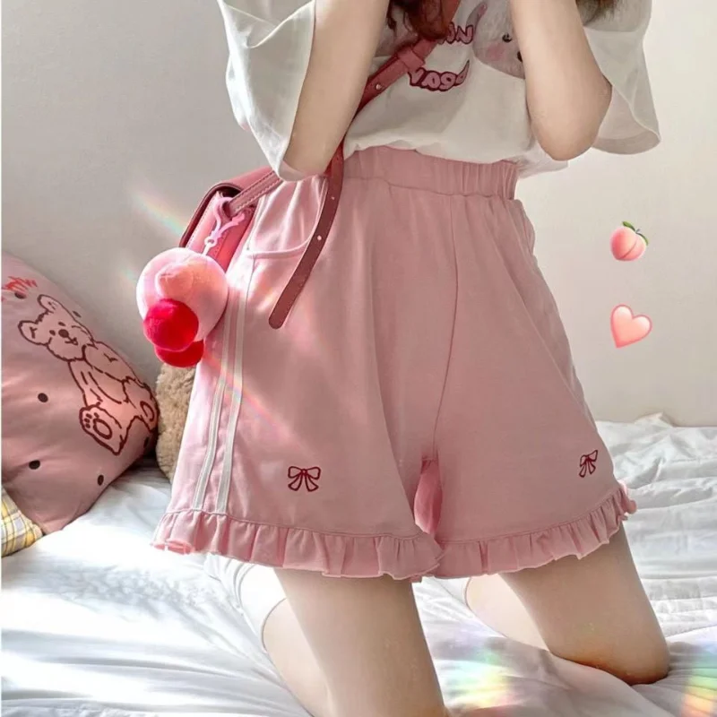Sweet Embroidery Sports Shorts Summer New Solid Color Loose Pleated All-match Youth Wide Leg Shorts Fashion Casual Women Clothes