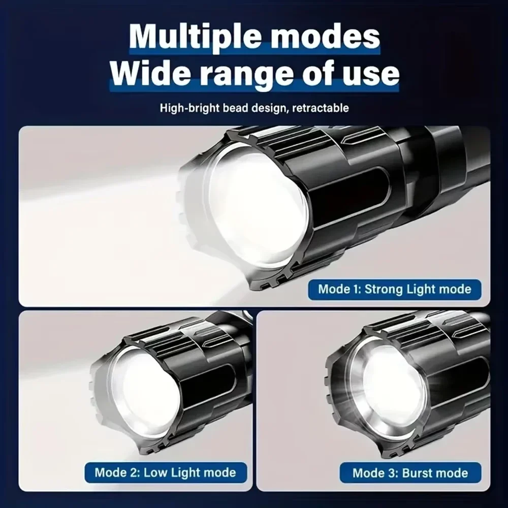 슈퍼 밝은 LED 손전등 USB 충전식 토치 줌이 가능한 조명 내장 배터리 캠핑 하이킹 랜턴 비상 램프