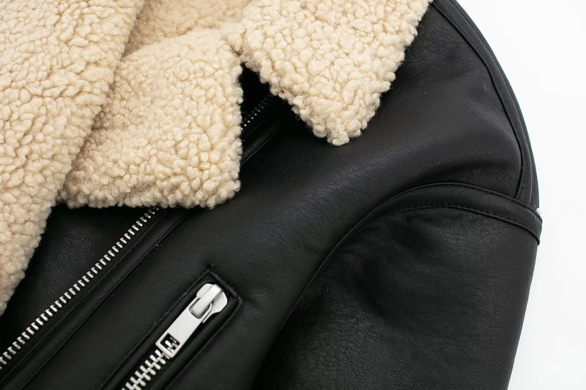 Women Lapel Long sleeve Zipper Stay Warm Coat Biker Outerwear Winter Vintage Double Face Lamb Fur Faux Leather Jacket Black