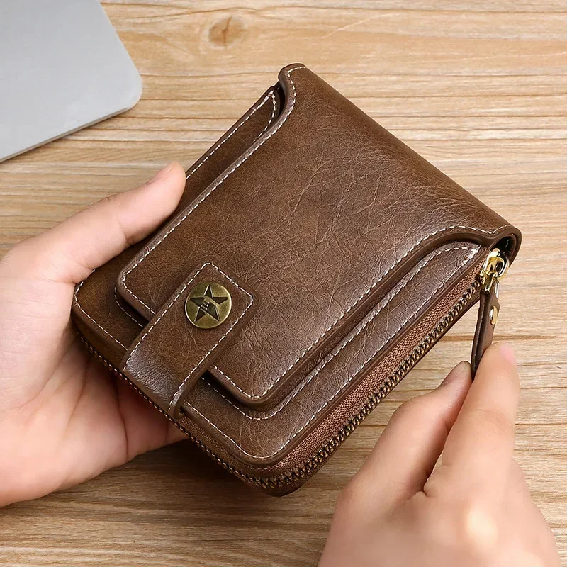 Vintage Popular men's short wallets, retro trend, horizontal zipper coin purse, multi-functional card Durable Convenient Wallets